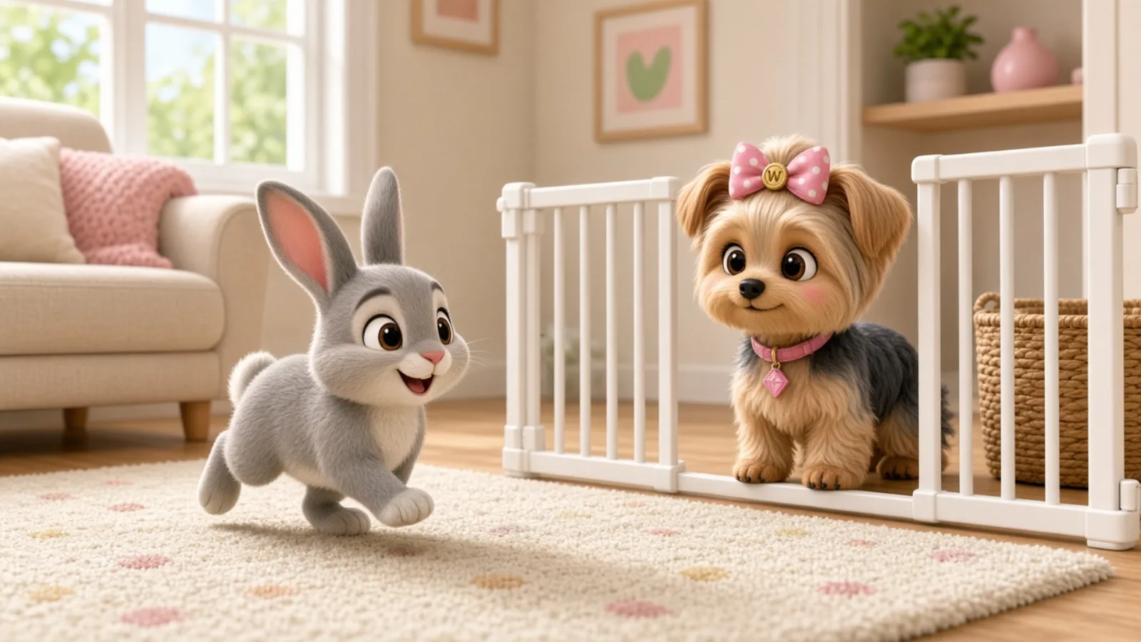 A grey rabbit hopping on a rug while Wendi watches from behind a gate