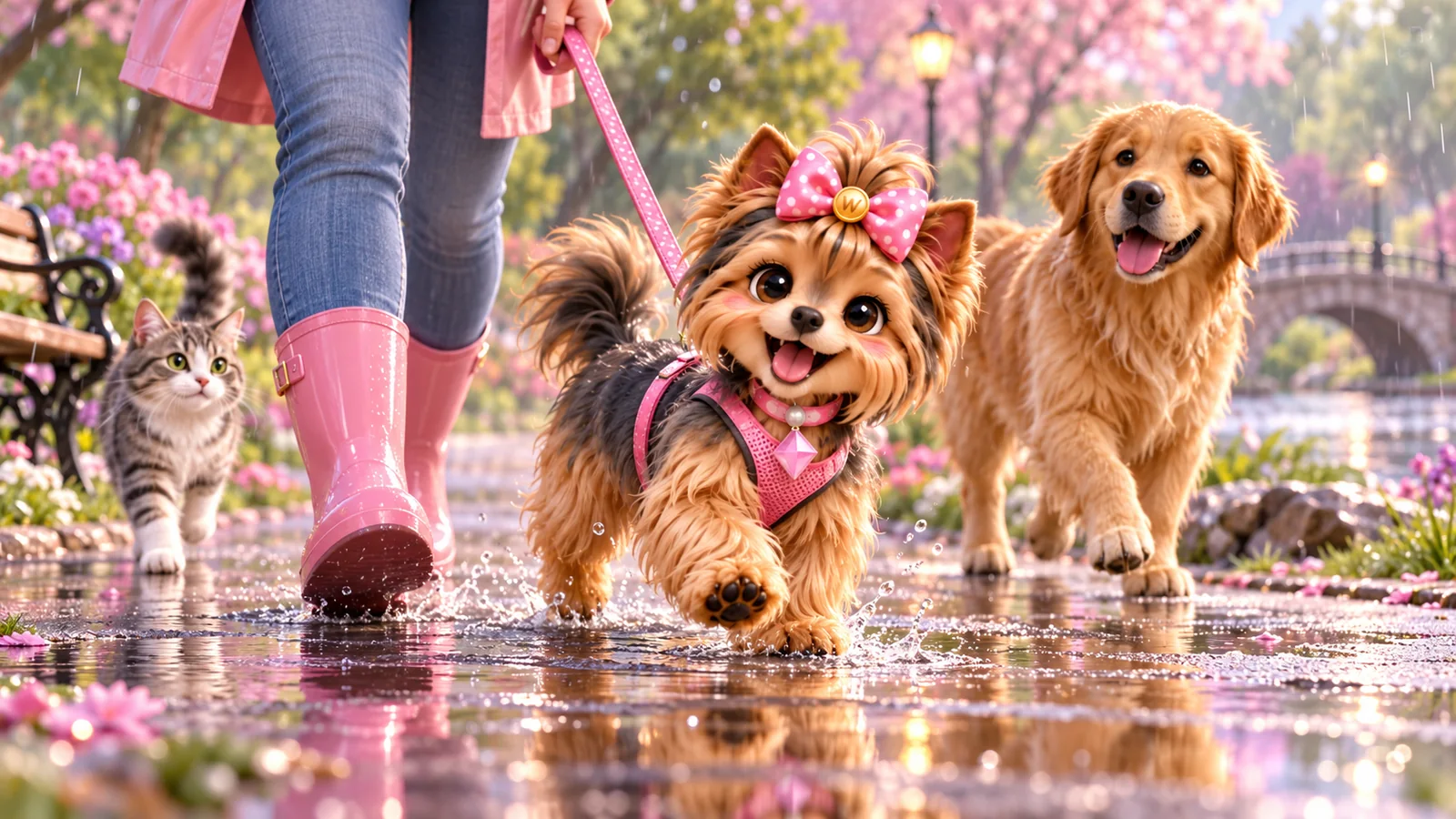 Wendi on a comfortable harness and loose lead during a gentle rainy park walk