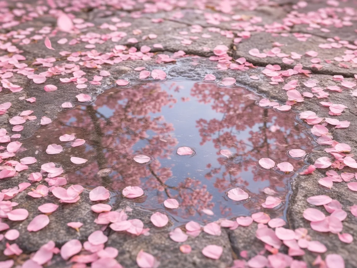 A rain-soaked pavement completely covered in fallen pink cherry blossom petals