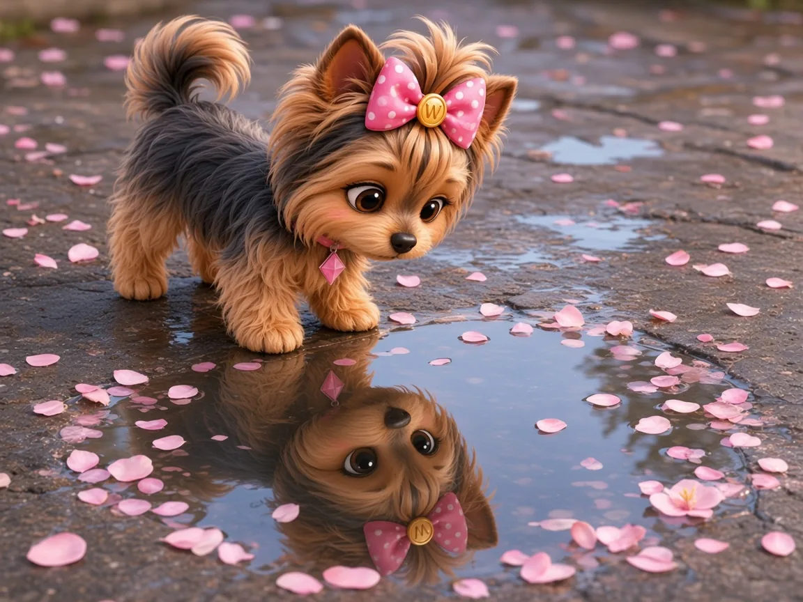 Wendi looking down at her reflection in a shallow puddle ringed with pink petals