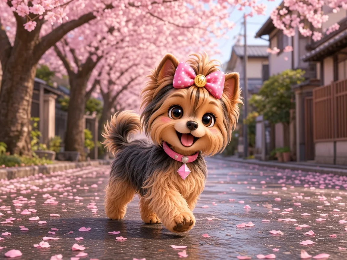 Wendi walking along a wet Tokyo street strewn with petals, blossom branches overhead