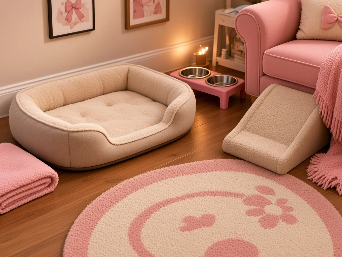 A senior dog setup with orthopaedic bed, ramp, non-slip rug, raised bowls and a nightlight
