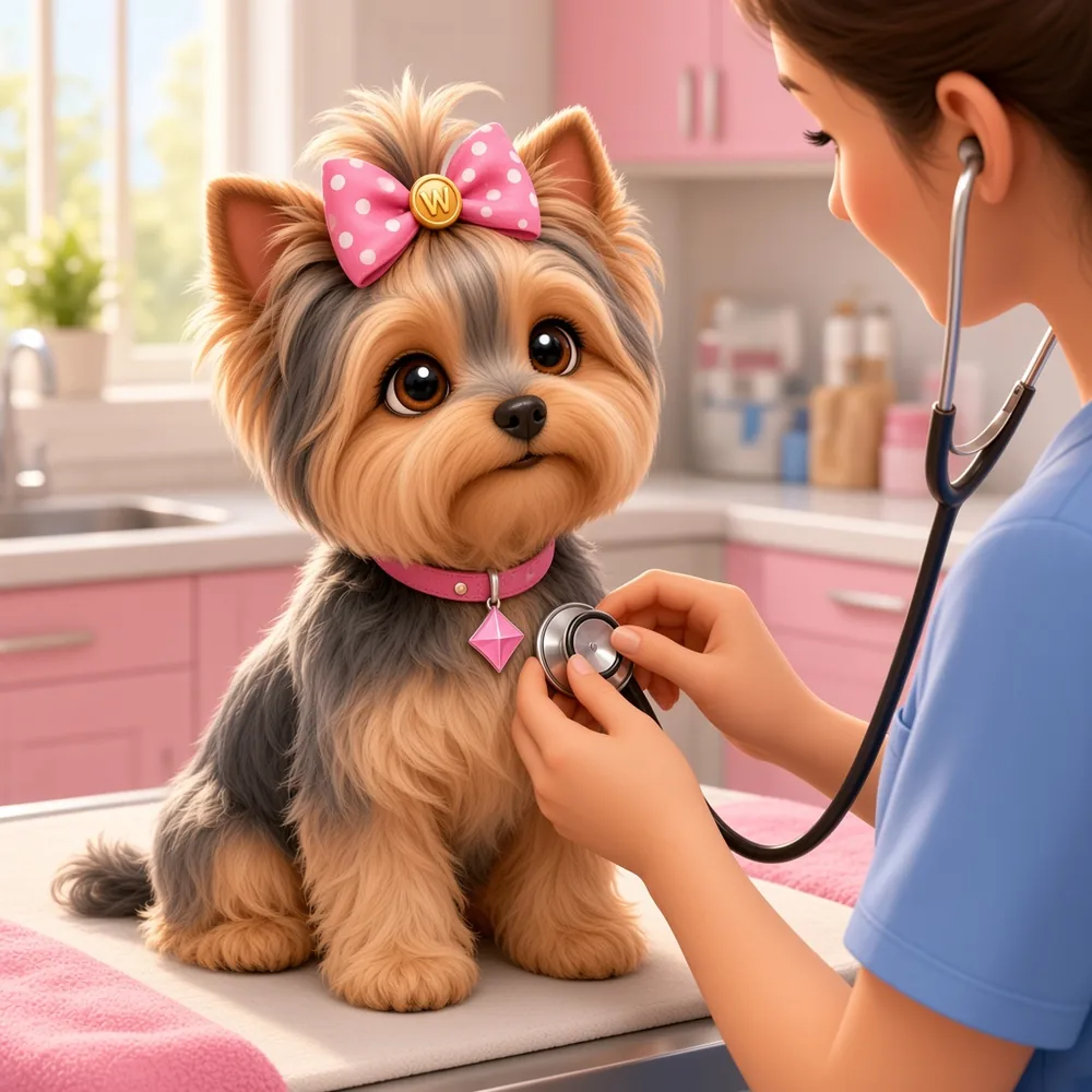 Senior Wendi sitting calmly while a vet listens to her chest with a stethoscope