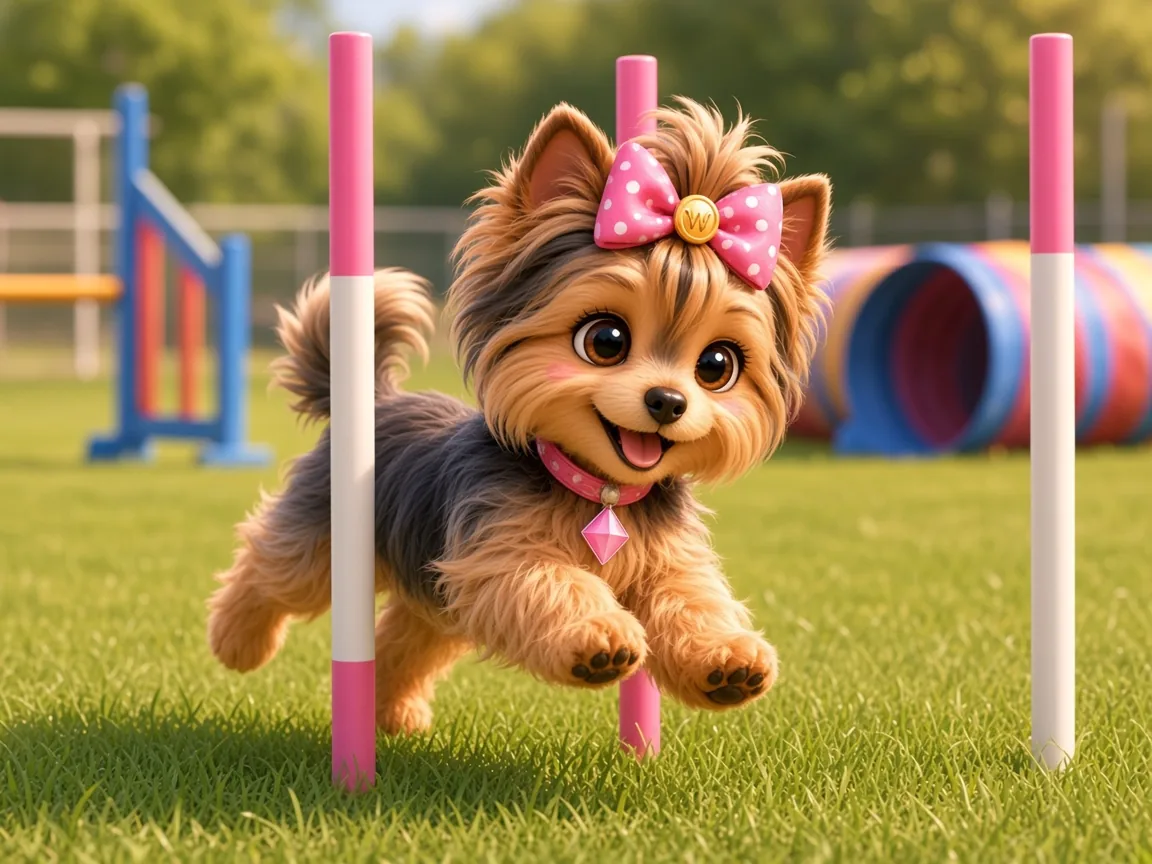 Wendi weaving through a set of small agility poles on grass