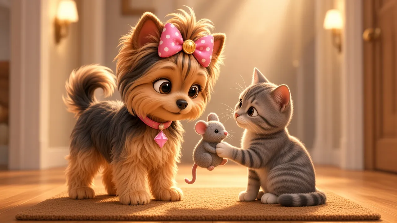 A tabby cat offering Wendi a felt toy mouse on the doormat