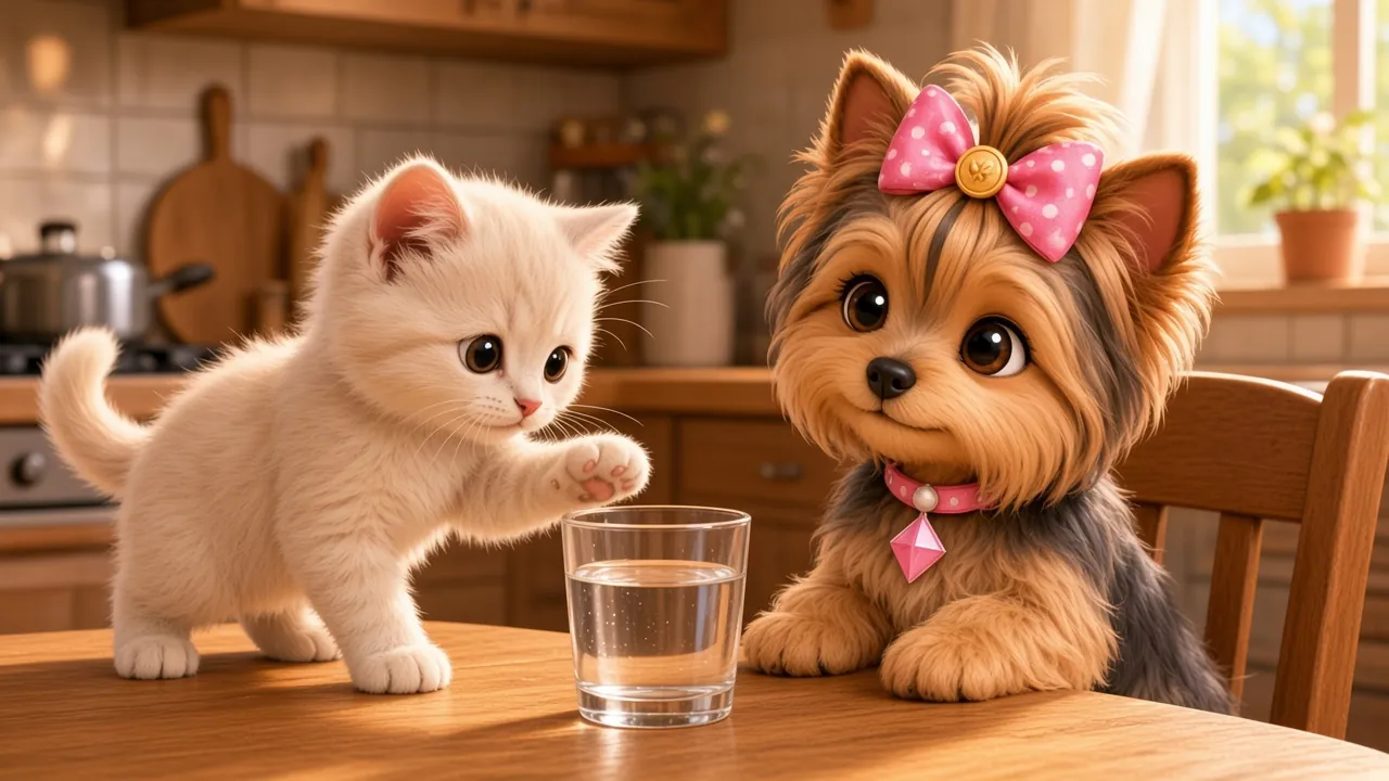 椅子から見ているウェンディの前で、グラスに前足を伸ばすクリームの猫