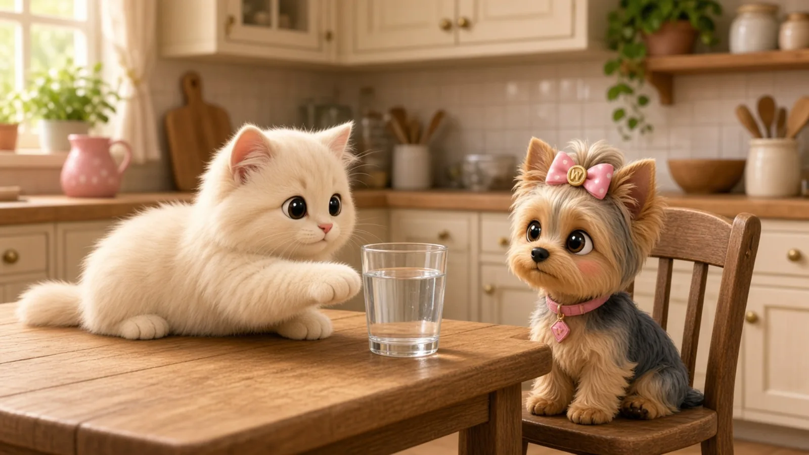 A cream cat reaching for a glass while Wendi watches from a chair