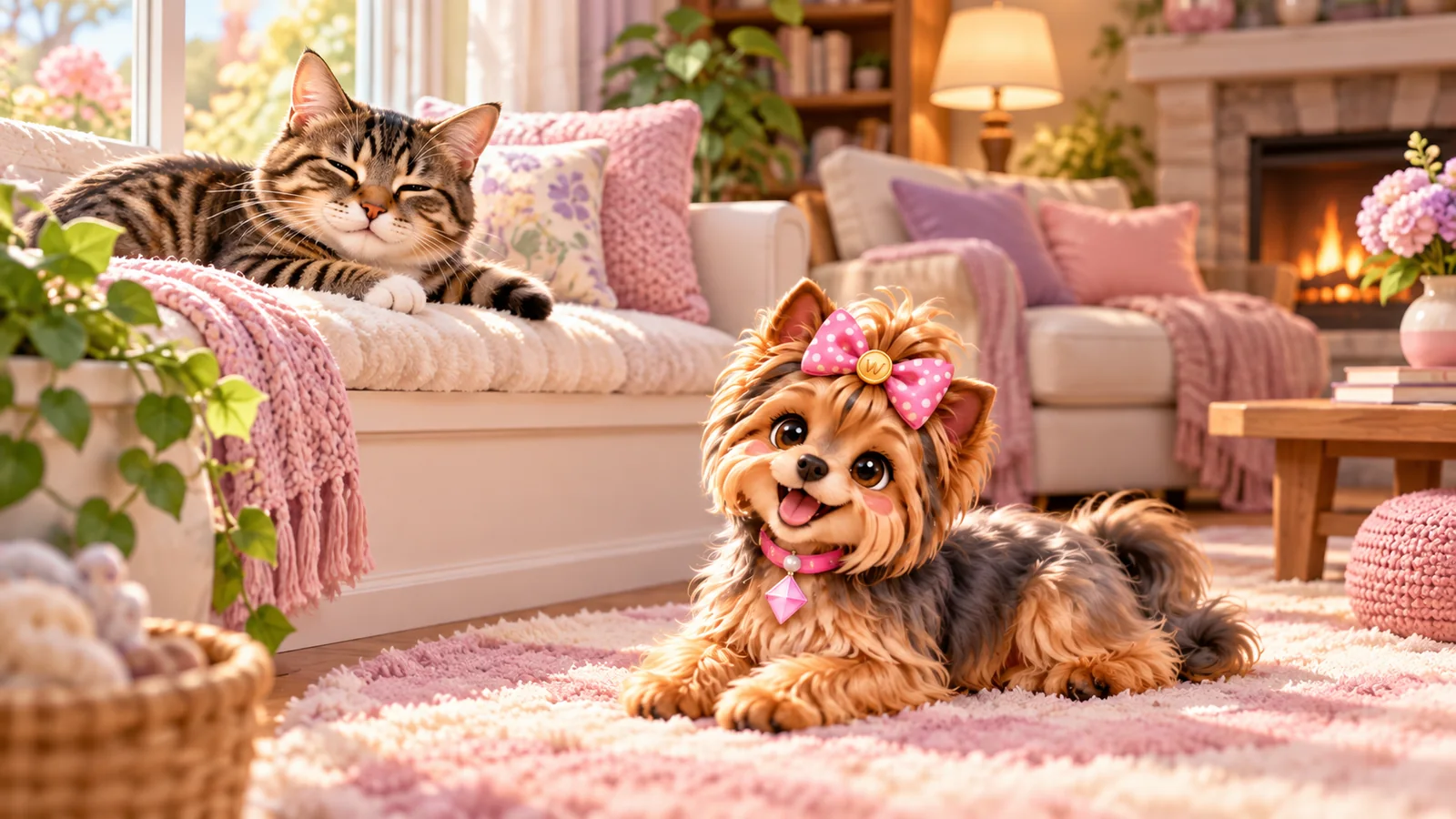 窓辺で穏やかにまばたきする猫と、離れて休むウェンディ