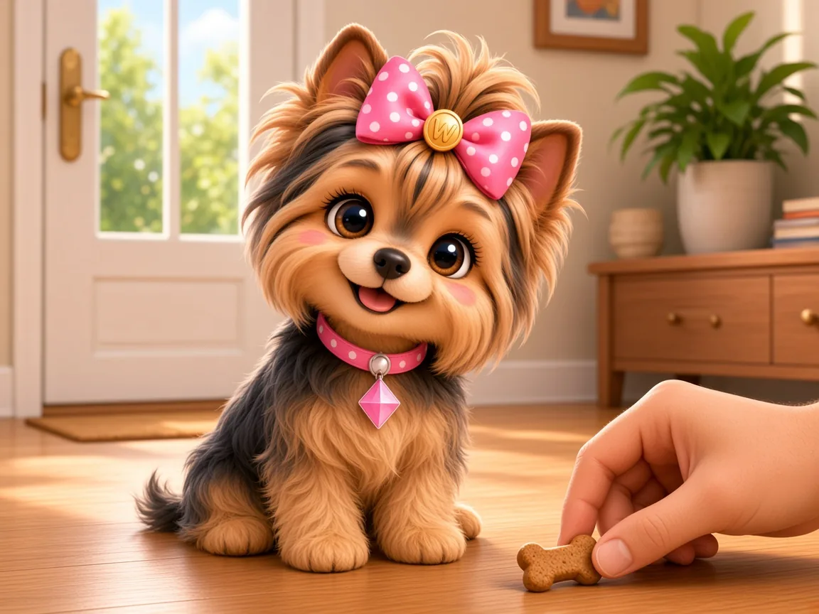 Wendi sitting politely while a treat is offered low to the floor