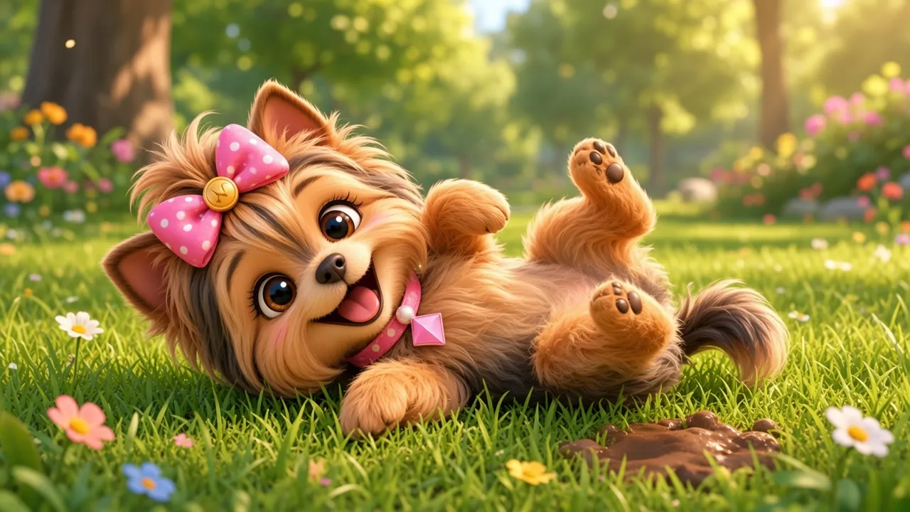 Wendi rolling on her back in the grass beside a patch of mud