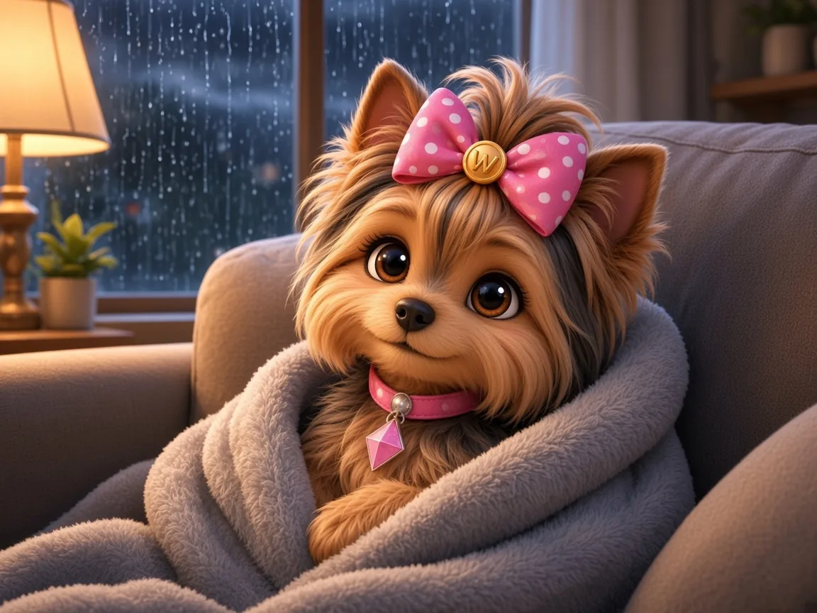 Wendi wrapped in a soft blanket on the sofa during a thunderstorm, rain streaming down the window behind her