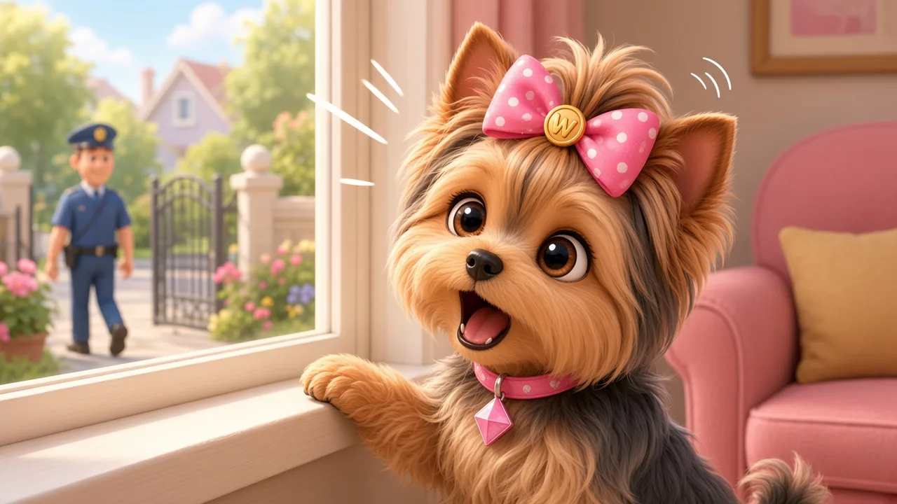 Wendi the Yorkie barking out of the window at a passing postman