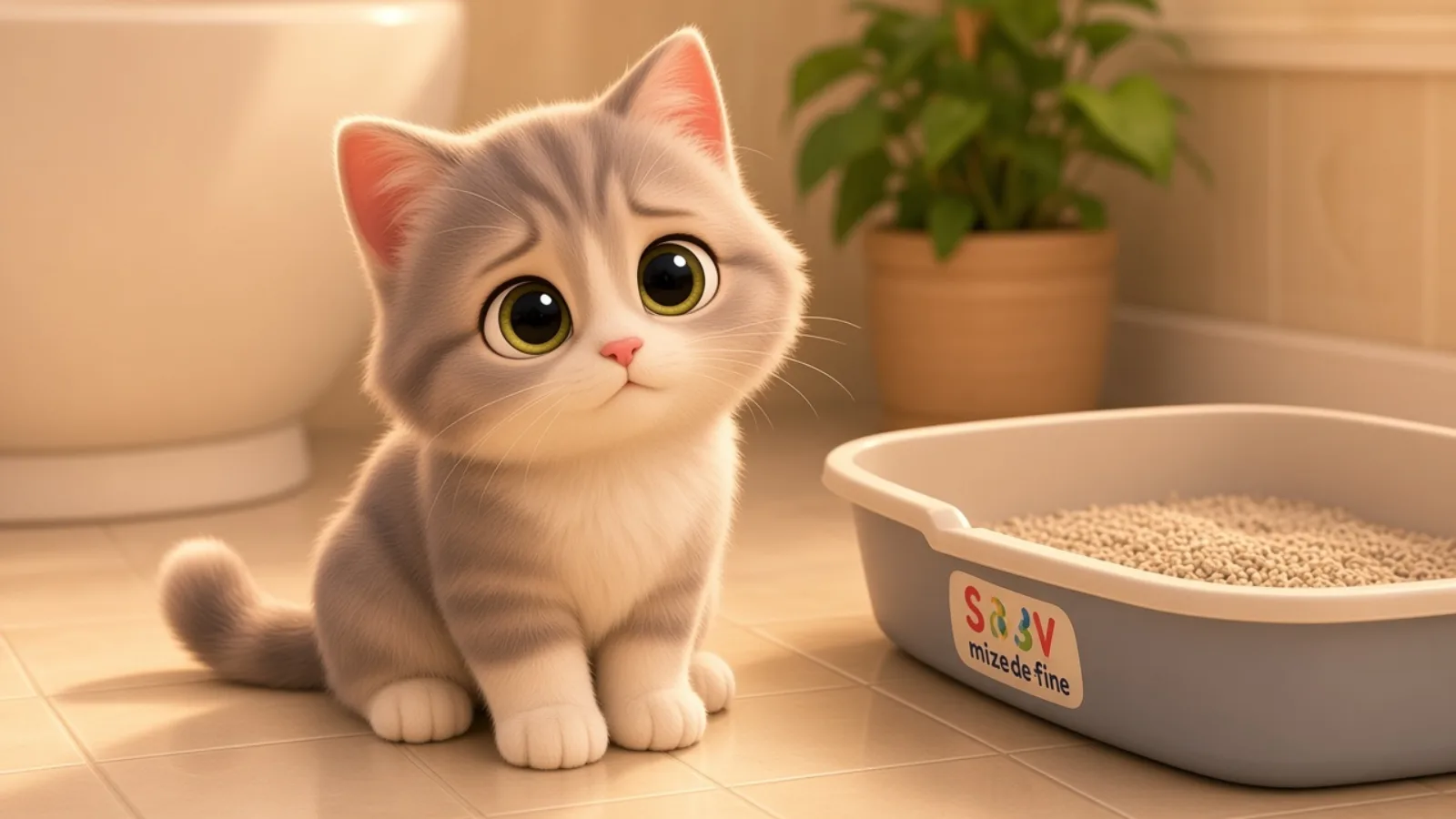 A cream-and-grey cat sitting beside a clean litter box