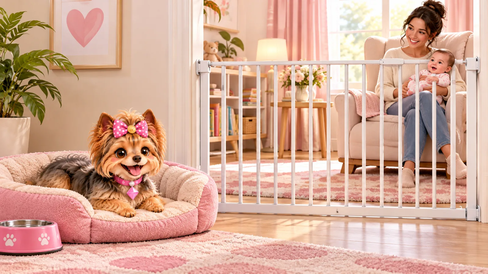 Wendi resting in her own bed behind a closed baby gate while a parent holds a baby in the next room