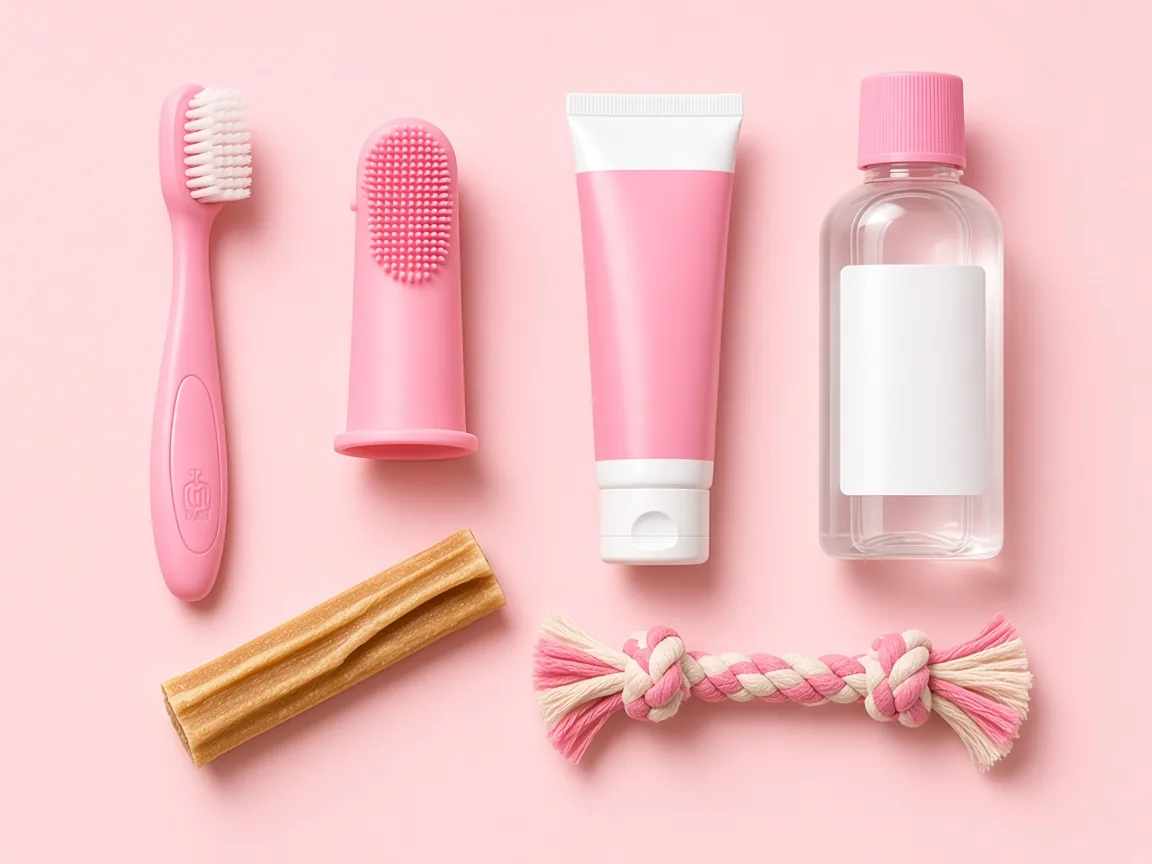 Dog toothbrush, finger brush, toothpaste, water additive, dental chews and a rope toy