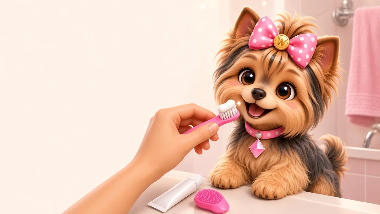 Wendi the Yorkie smiling with clean white teeth beside a dog toothbrush and toothpaste