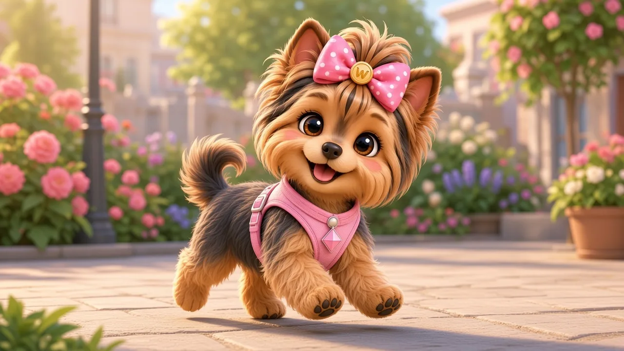 Wendi the Yorkie wearing a soft pink Y-shaped harness on a sunny pavement