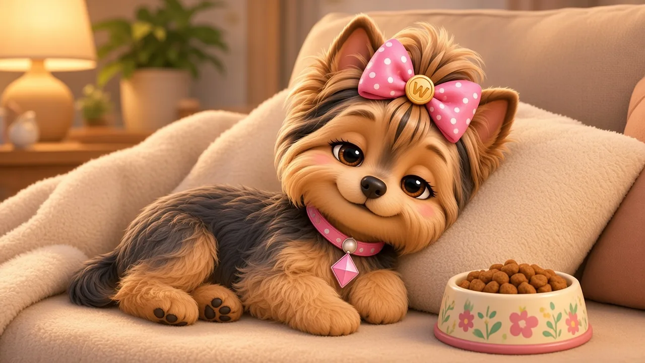 A tiny Wendi puppy beside a small meal bowl, looking tired on a soft blanket