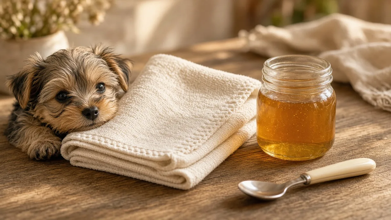 A jar of honey and a small spoon next to a puppy towel, ready for an emergency