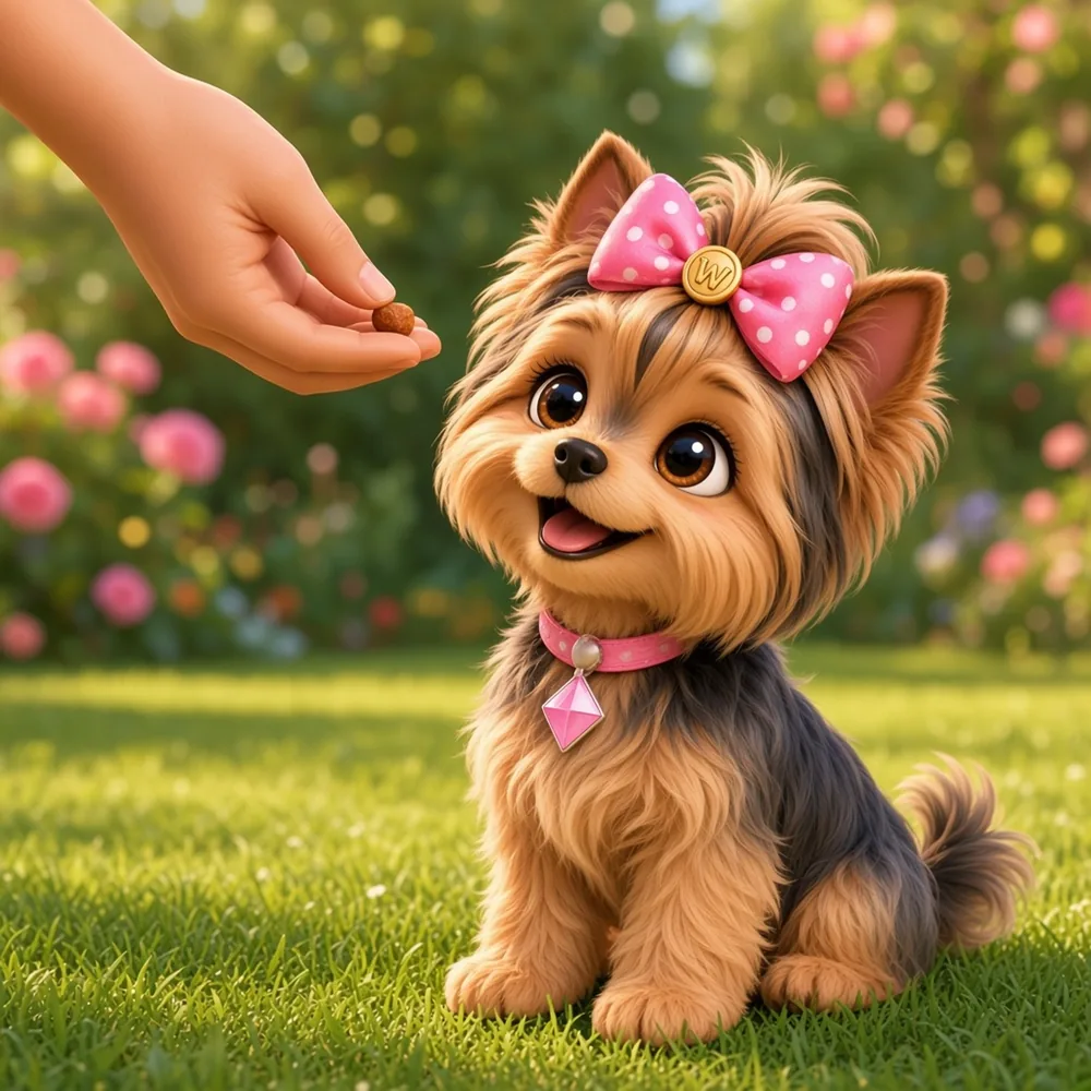 A hand giving Wendi a tiny treat on the grass immediately after toileting