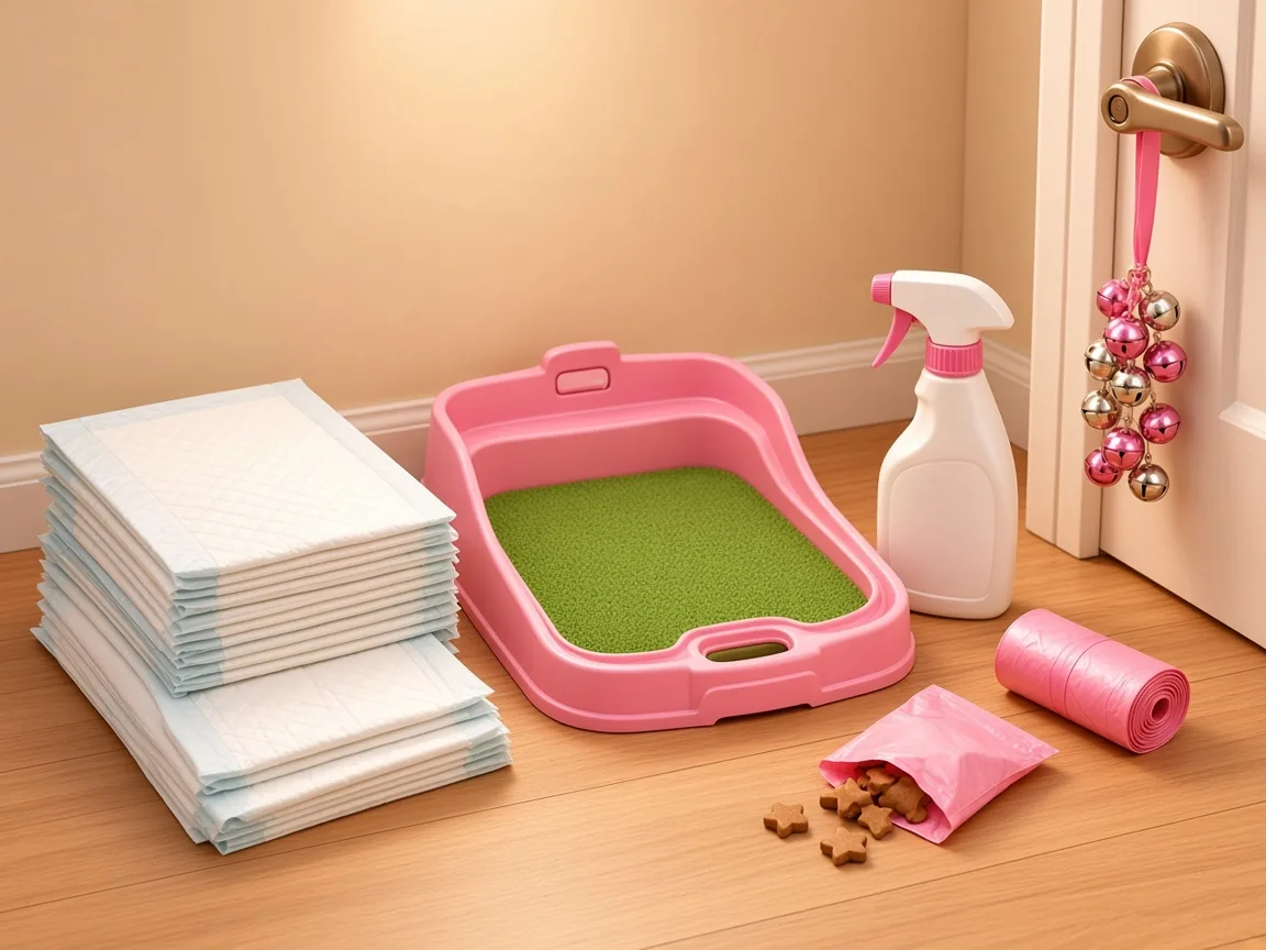 Puppy pads, an indoor grass tray, enzyme cleaner, treat pouch, waste bags and door bells
