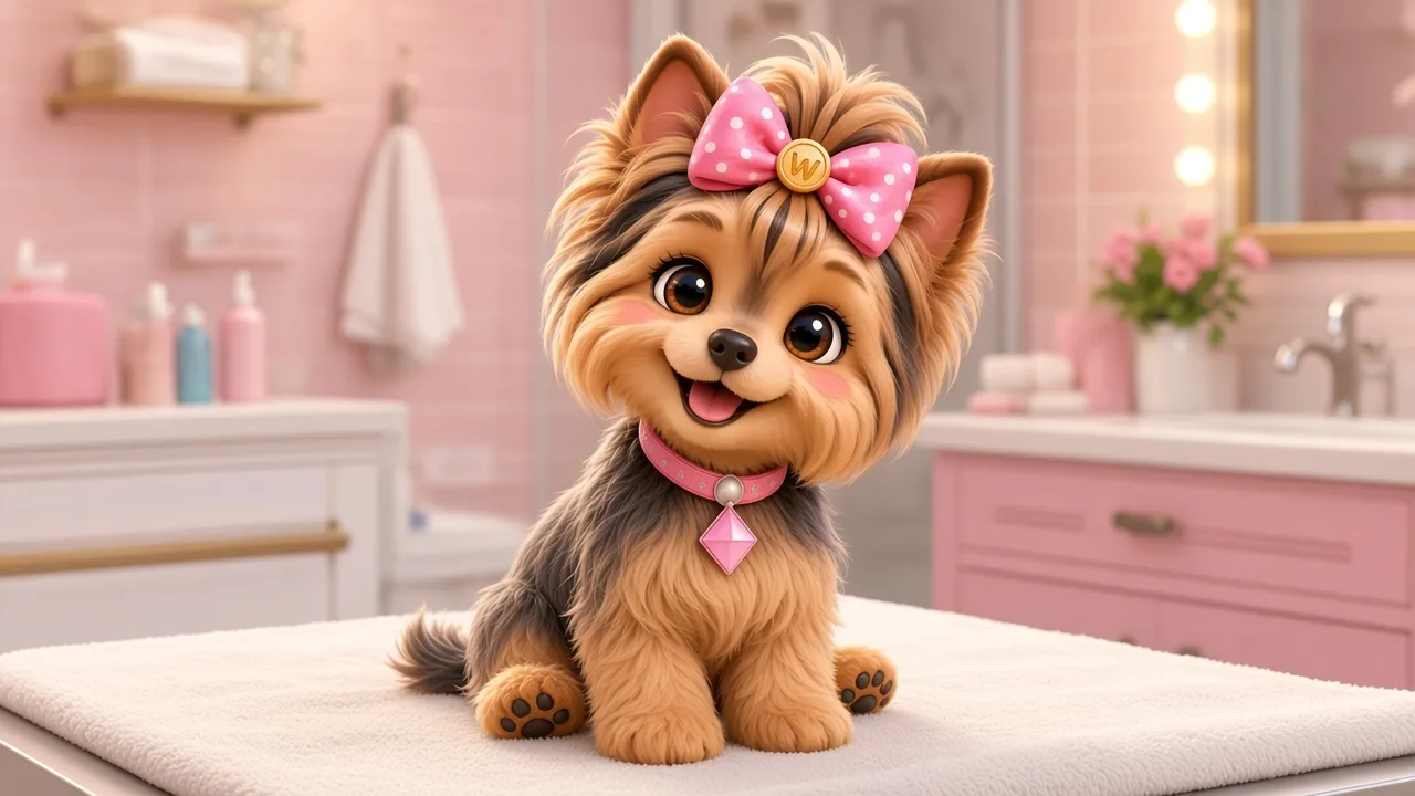Wendi the Yorkie with a clean tan face, looking up after a gentle eye wipe