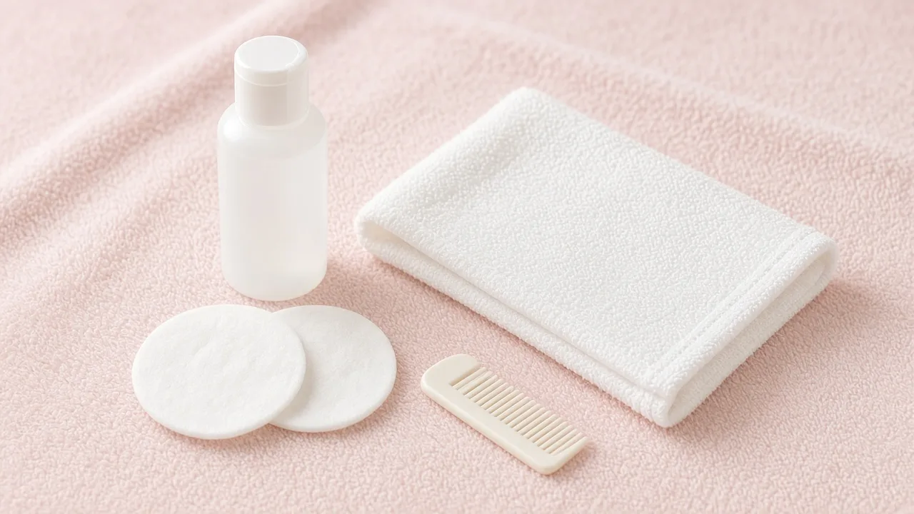 Cotton pads, saline, a soft face cloth and a small trimmer laid out for Yorkie eye care